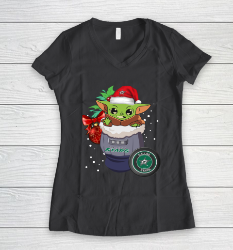 Dallas Stars Christmas Baby Yoda Star Wars Funny Happy NHL Women's V-Neck T-Shirt 8