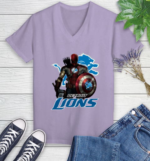 NFL Captain America Thor Spider Man Hawkeye Avengers Endgame Football Detroit Lions Women's V-Neck T-Shirt 14