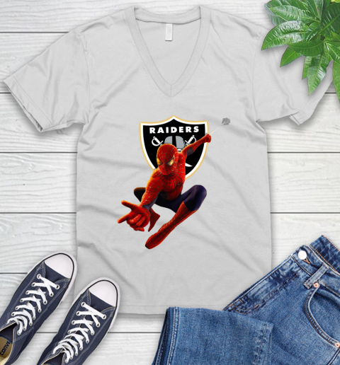 NFL Spider Man Avengers Endgame Football Oakland Raiders V-Neck T-Shirt