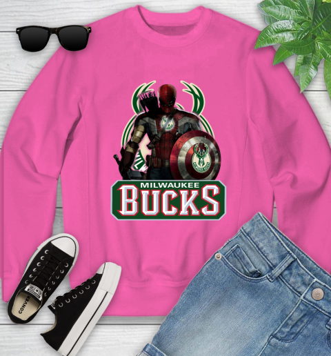 Milwaukee Bucks NBA Basketball Captain America Thor Spider Man Hawkeye Avengers Youth Sweatshirt 7