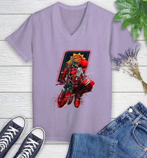 NBA Deadpool Marvel Comics Sports Basketball Phoenix Suns Women's V-Neck T-Shirt 14