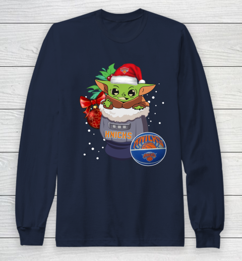 New York Knicks Christmas Baby Yoda Star Wars Funny Happy NBA Long Sleeve T-Shirt 4