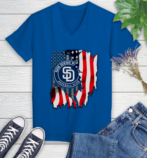San Diego Padres MLB Baseball American Flag Women's V-Neck T-Shirt 10