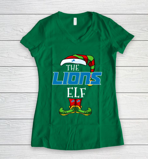 Detroit Lions Christmas ELF Funny NFL Women's V-Neck T-Shirt 3