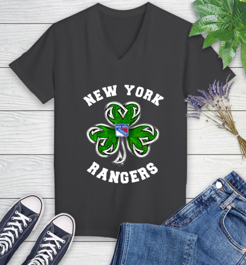 NHL New York Rangers Three Leaf Clover St Patrick's Day Hockey Sports Women's V-Neck T-Shirt 8