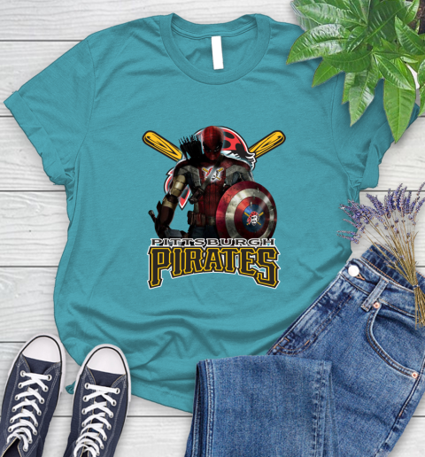 MLB Captain America Thor Spider Man Hawkeye Avengers Endgame Baseball Pittsburgh Pirates Women's T-Shirt 12