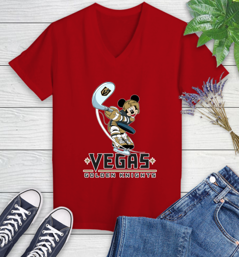 NHL Hockey Vegas Golden Knights Cheerful Mickey Mouse Shirt Women's V-Neck T-Shirt 10