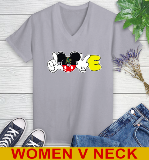 Oakland Athletics MLB Baseball Love Mickey Disney Sports Women's V-Neck T-Shirt 5