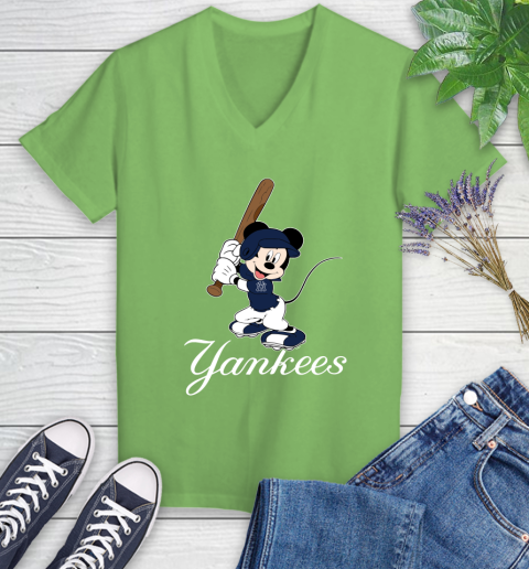 MLB Baseball New York Yankees Cheerful Mickey Mouse Shirt Women's V-Neck T-Shirt 9