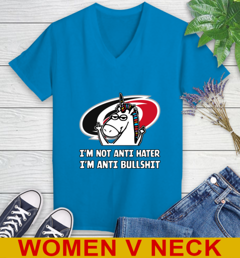 Carolina Hurricanes NHL Hockey Unicorn I'm Not Anti Hater I'm Anti Bullshit Women's V-Neck T-Shirt 8