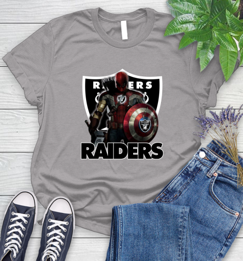 NFL Captain America Thor Spider Man Hawkeye Avengers Endgame Football Oakland Raiders Women's T-Shirt 5
