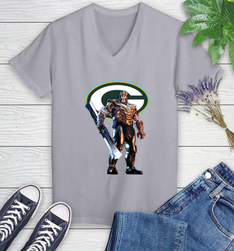 NFL Thanos Gauntlet Avengers Endgame Football Green Bay Packers Women's V-Neck T-Shirt 4