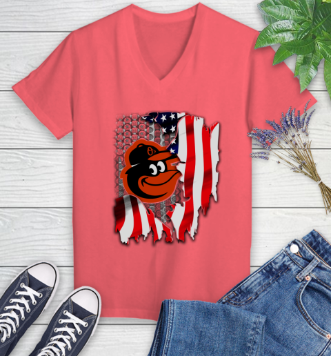 Baltimore Orioles MLB Baseball American Flag Women's V-Neck T-Shirt 6