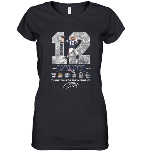 12 Tom Brady Patriots 2000 2020 Thank You For The Memories Signature Women's V-Neck T-Shirt