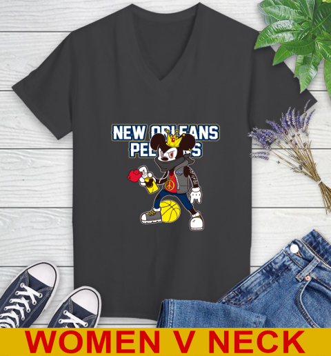 New Orleans Pelicans NBA Basketball Mickey Peace Sign Sports Women's V-Neck T-Shirt 9