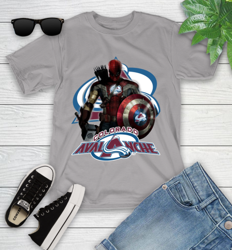 NHL Captain America Thor Spider Man Hawkeye Avengers Endgame Hockey Colorado Avalanche Youth T-Shirt 4