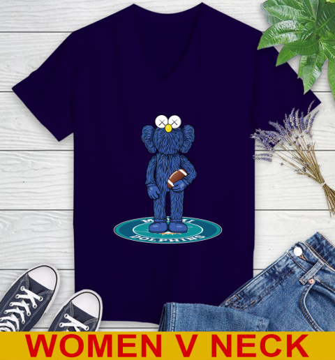 NFL Football Miami Dolphins Kaws Bff Blue Figure Shirt Women's V-Neck T-Shirt 4