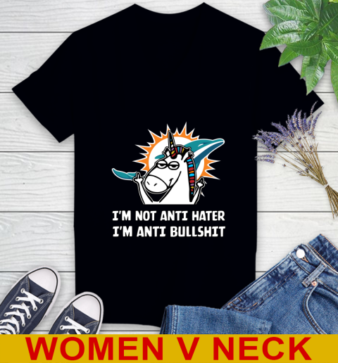 Miami Dolphins NFL Football Unicorn I'm Not Anti Hater I'm Anti Bullshit Women's V-Neck T-Shirt 2