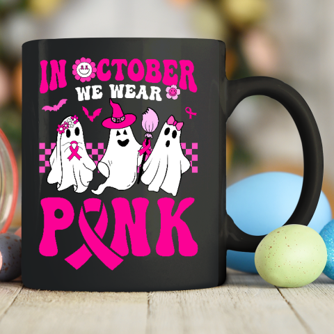 In October We Wear Pink Ghosts And Groovy Breast Cancer Ceramic Mug 11oz