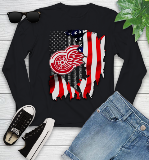 Detroit Red Wings NHL Hockey American Flag Youth Long Sleeve