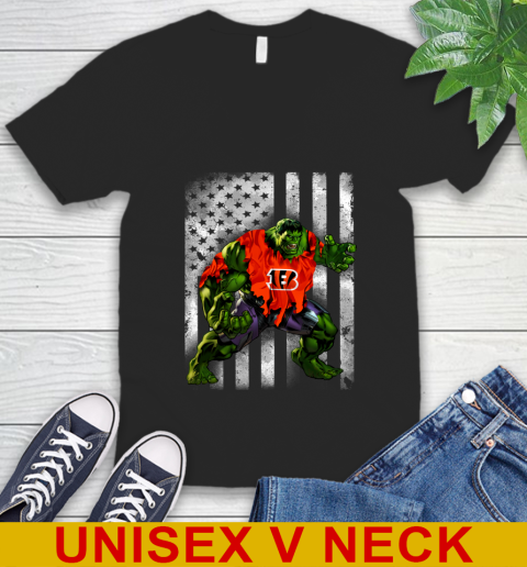 Cincinnati Bengals Hulk Marvel Avengers NFL Football American Flag V-Neck T-Shirt