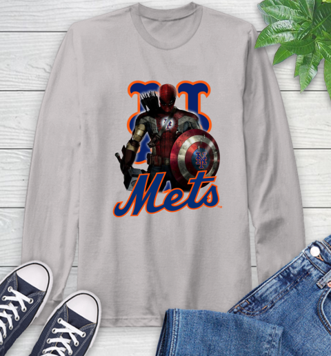 MLB Captain America Thor Spider Man Hawkeye Avengers Endgame Baseball New York Mets Long Sleeve T-Shirt 12