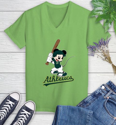 MLB Baseball Oakland Athletics Cheerful Mickey Mouse Shirt Women's V-Neck T-Shirt 9