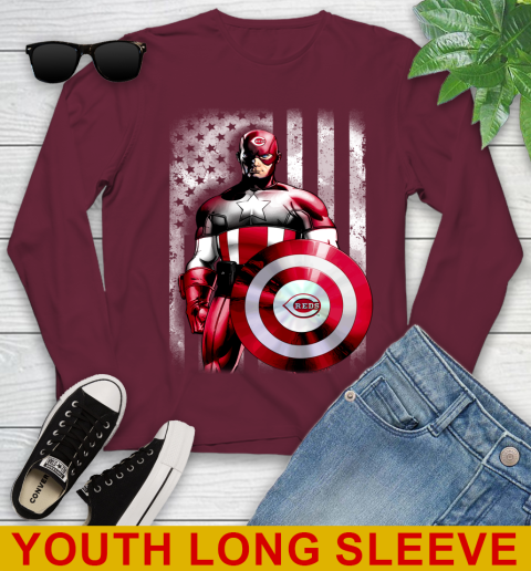 Cincinnati Reds MLB Baseball Captain America Marvel Avengers American Flag Shirt Youth Long Sleeve 6