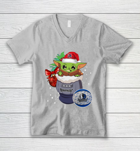 Dallas Mavericks Christmas Baby Yoda Star Wars Funny Happy NBA V-Neck T-Shirt 4