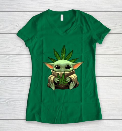 Baby Yoda Hug Marijuana Canabis Women's V-Neck T-Shirt 5