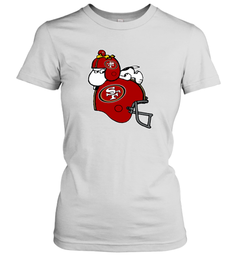 two7 snoopy and woodstock resting on san francisco 49ers helmet ladies t shirt 20 front white
