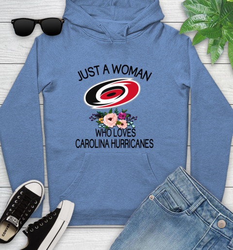 NHL Just A Woman Who Loves Carolina Hurricanes Hockey Sports Youth Hoodie 8