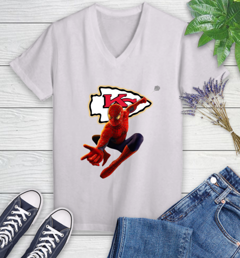 NFL Spider Man Avengers Endgame Football Kansas City Chiefs Women's V-Neck T-Shirt