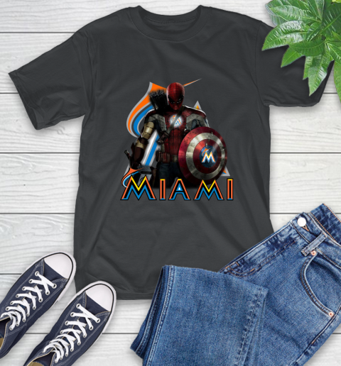 MLB Captain America Thor Spider Man Hawkeye Avengers Endgame Baseball Miami Marlins T-Shirt 2