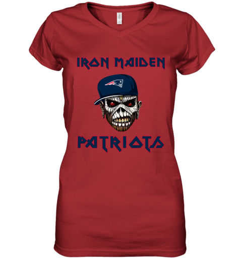 NFL New England Patriots Iron Maiden Rock Band Music Football Sports rkJy2L6r8u9 women v neck t shirt 39 95 151514 front red