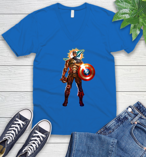 NFL Captain America Marvel Avengers Endgame Football Sports Miami Dolphins V-Neck T-Shirt 6