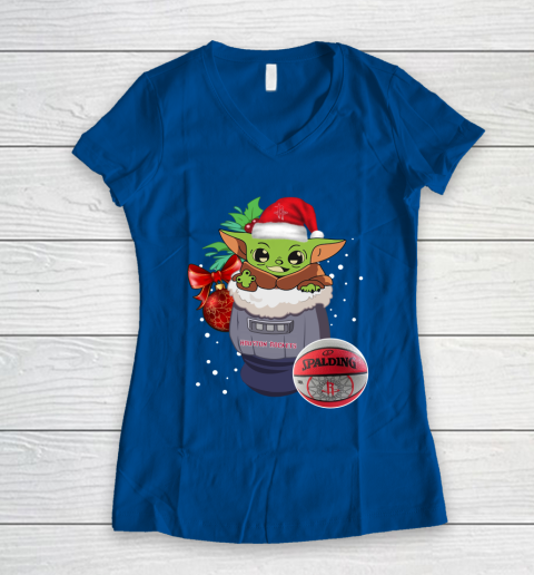 Houston Rockets Christmas Baby Yoda Star Wars Funny Happy NBA Women's V-Neck T-Shirt 9