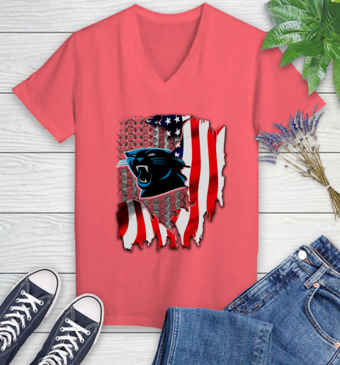 Carolina Panthers NFL Football American Flag Women's V-Neck T-Shirt 6