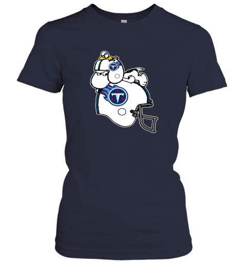 Snoopy And Woodstock Resting On Tennessee Titans Helmet spz6 snoopy and woodstock resting on tennessee titans helmet ladies t shirt 20 front navy