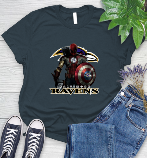 NFL Captain America Thor Spider Man Hawkeye Avengers Endgame Football Baltimore Ravens Women's T-Shirt 8