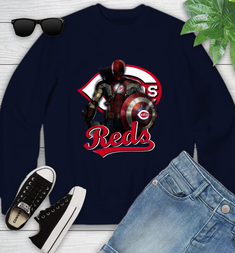 MLB Captain America Thor Spider Man Hawkeye Avengers Endgame Baseball Cincinnati Reds Youth Sweatshirt 3