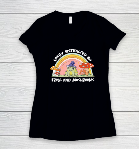 Cottage core Aesthetic Frog Wizard on Mushroom Rainbow Women's V-Neck T-Shirt