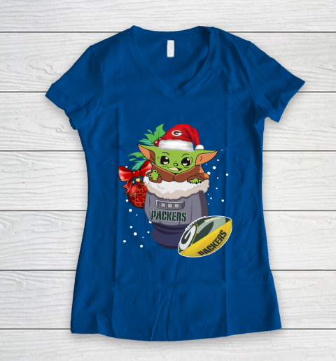 Green Bay Packers Christmas Baby Yoda Star Wars Funny Happy NFL Women's V-Neck T-Shirt 9