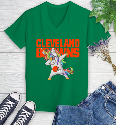 Cleveland Browns NFL Football Funny Unicorn Dabbing Sports Women's V-Neck T-Shirt 5