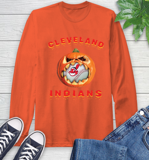 MLB Cleveland Indians Halloween Pumpkin Baseball Sports Long Sleeve T-Shirt 5