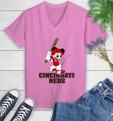 MLB Baseball Cincinnati Reds Cheerful Mickey Mouse Shirt Women's V-Neck T-Shirt 12
