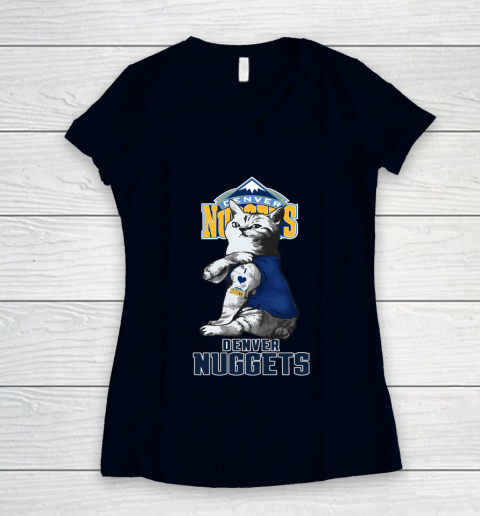 NBA Basketball My Cat Loves Denver Nuggets Women's V-Neck T-Shirt 2