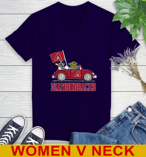 MLB Baseball Arizona Diamondbacks Darth Vader Baby Yoda Driving Star Wars Shirt Women's V-Neck T-Shirt 4