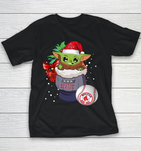 Boston Red Sox Christmas Baby Yoda Star Wars Funny Happy MLB Youth T-Shirt 2