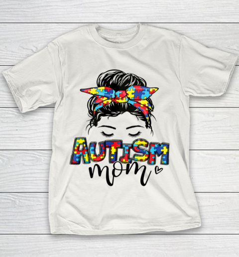 Autism Mom Messy Bun Hair Puzzle Mother s Day Funny Youth T-Shirt
